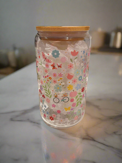 Super Floral Glass Can 16oz (Yellow Butterflies)