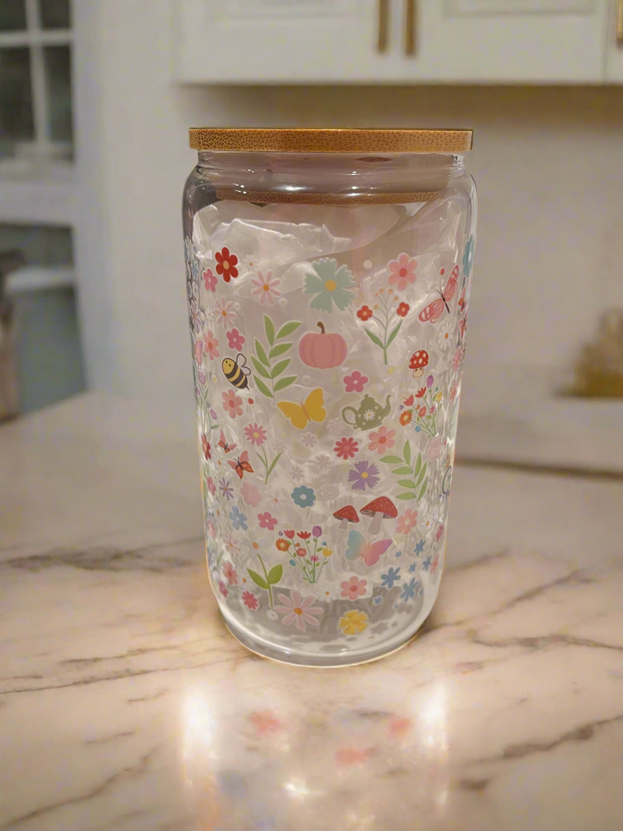 Super Floral Glass Can 16oz (Yellow Butterflies)