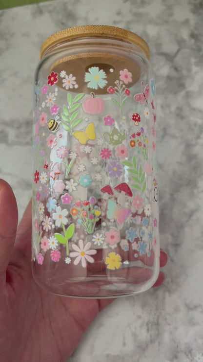 Super Floral Glass Can 16oz (Yellow Butterflies)